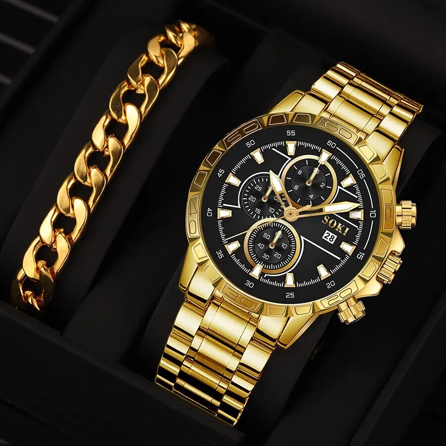 Mens Gold Watch + Cuban Link Bracelet – Diammon 24K